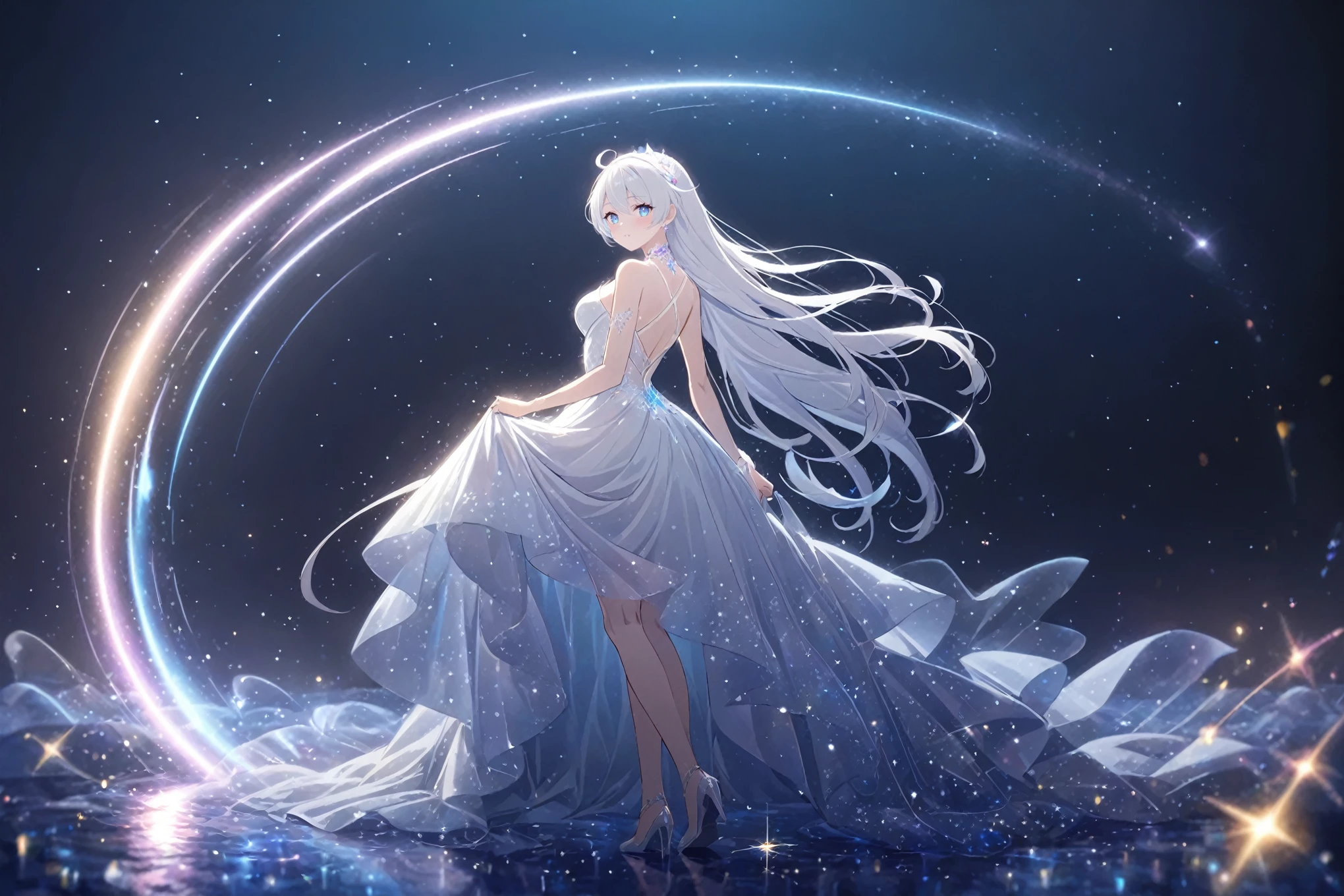 A beautiful young woman with long white gradient hair falling gracefully like a shooting star from the night sky, wearing a flowing white dress with a symmetrical, highly detailed face, surrounded by translucent multicolored glitters in a soft, dreamy, and dramatic lighting at silver hour, elegant and intricate,vivid color,sparkling,god rays,iridescence,threads of light,holy aura,clear blue starry eyes,((kiana kaslana)),a girl like a shooting star, back arched, full body