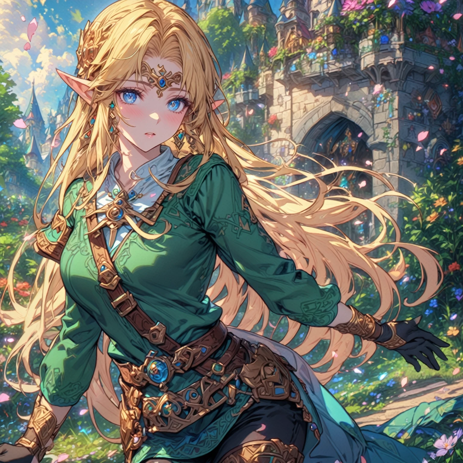 absurdres, highres, ultra detailed, HDR, master piece, Zelda, blonde hair, expressive blue eyes, woman sitting, black pants, green shirt, best quality, The Legend Of Zelda (Link between worlds), fantasy, magical, sensual, glittering, accessories, extremely beautiful, detailed face, detailed eyes, flowers, petals, shining, garden, castle, black gloves 