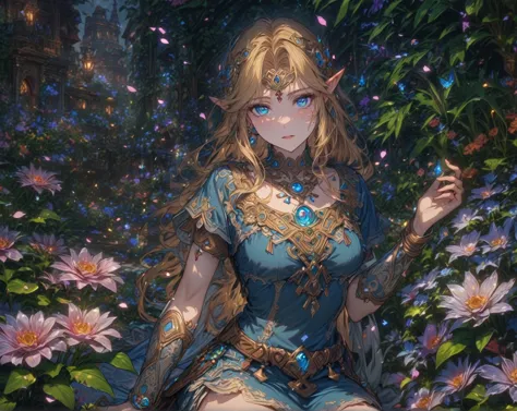 absurdres, highres, ultra detailed, hdr, master piece, zelda, blonde hair, expressive blue eyes, woman sitting, blue dress, best...