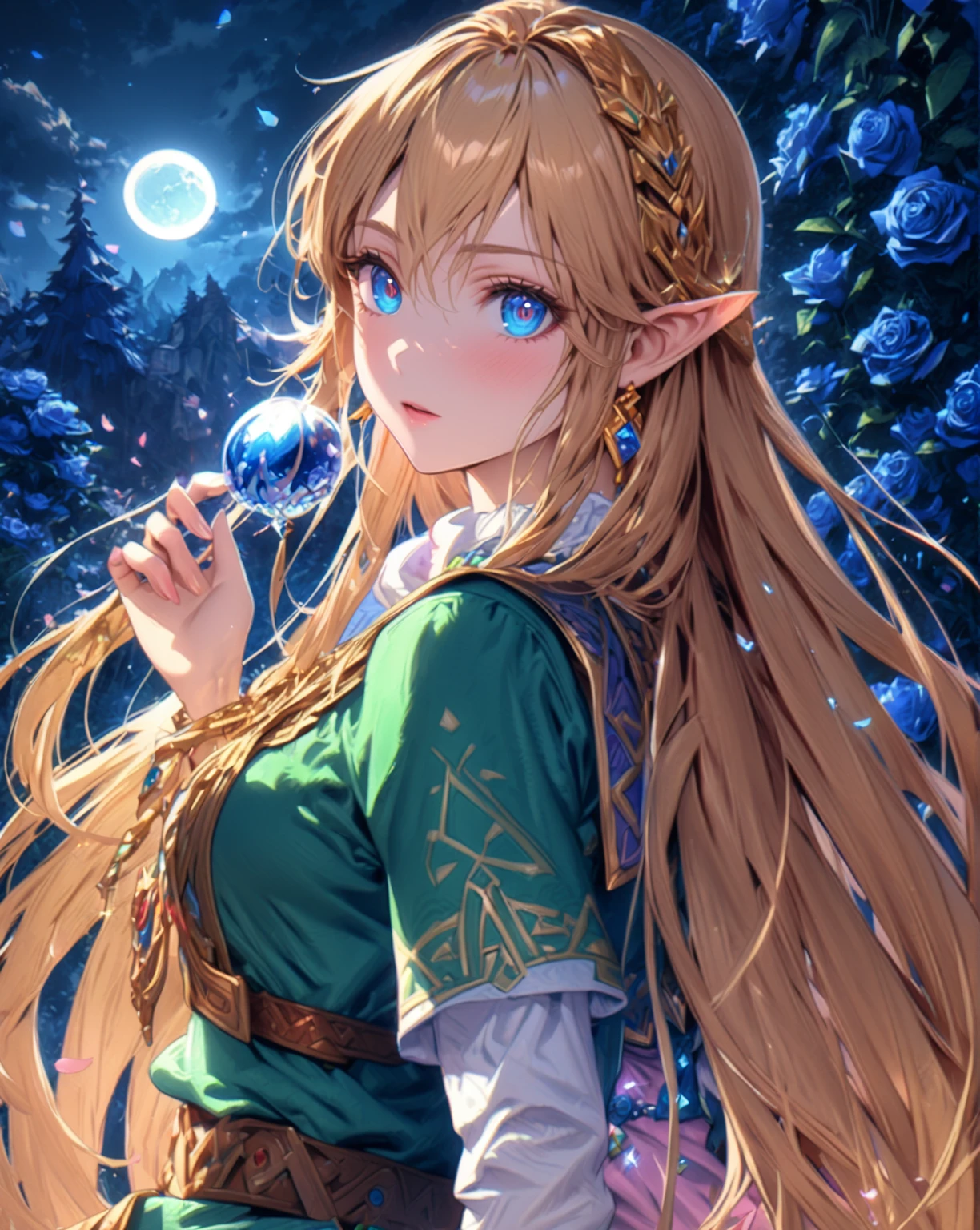 absurdres, highres, ultra detailed, HDR, master piece, Zelda, blonde hair, expressive blue eyes, woman sitting, pink dress, best quality, The Legend Of Zelda (Link between worlds), fantasy, magical, sensual, glittering, accessories, extremely beautiful, detailed face, detailed eyes, blue forest, petals, shining, blue moon, night, blue roses