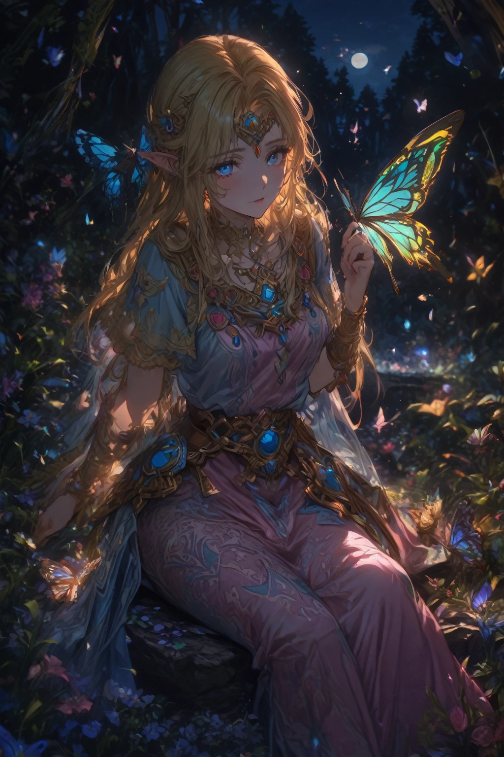 absurdres, highres, ultra detailed, HDR, master piece, Zelda, blonde hair, expressive blue eyes, woman sitting, pink dress, best quality, The Legend Of Zelda (Link between worlds), fantasy, magical, sensual, glittering, accessories, extremely beautiful, detailed face, detailed eyes, blue forest, petals, shining, blue moon, flowers, butterfly, rock