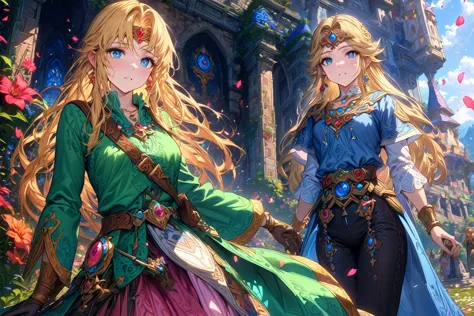 absurdres, highres, ultra detailed, hdr, master piece, zelda, blonde hair, expressive blue eyes, two woman together, pink dress,...