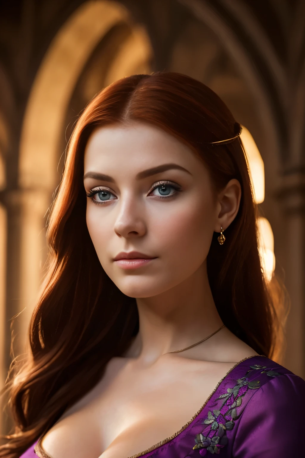 realistic photo, a realistic photo of 30yo medieval woman queen wearing a purple dress, red hair, medieval castle, Warm colors,blue eyes, perfect nose, round face, straight eyebrow, cheek bones (1girl), (extremely detailed CG unity 8k wallpaper), photo of the most beautiful artwork in the world, professional majestic, (big-breasted:1.5) (photography by Steve McCurry), 8k uhd, dslr, soft lighting, high quality, film grain, Fujifilm XT3 sharp focus, f 5.6, High Detail, Sharp focus, dramatic, (looking at viewer:1.2), (detailed pupils:1.3), (natural light), full body.