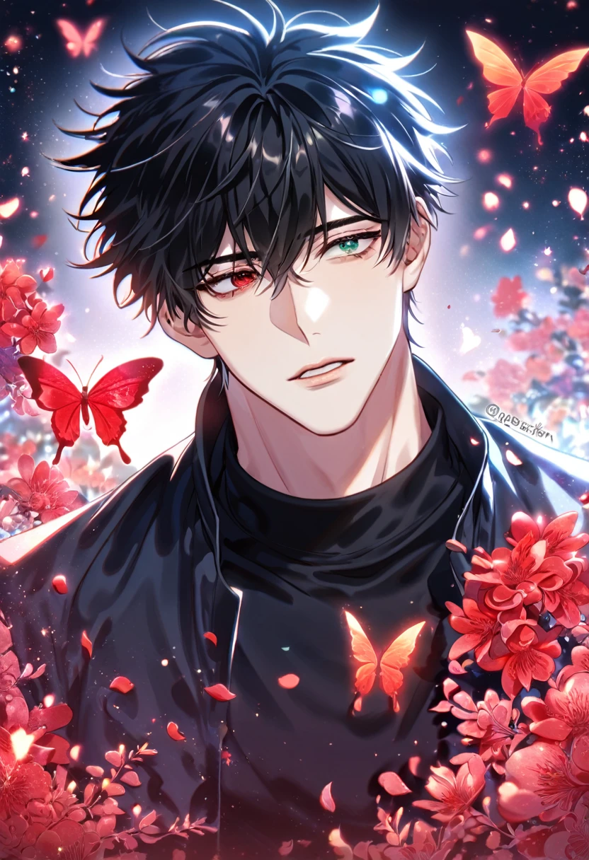 absurdres, highres, ultra detailed, HDR, master piece, best quality, detailed eyes, delicated features, Manhwa Style, Kageura Reiga, black hair, messy hair, short hair, hair between the eyes, heterochromia, expressive right eye red, expressive left eye green, Love Jinx, solo, sexy man, handsome, sensual, adult face, cropped jacket with red inside, cropped black jacket with red trimmings, black tight shirt, black gloves, magical, fantasy, red ice, red ice radiant butterflies, glittering red ice flowers, red ice petals, red ice garden, night sky, Jujutsu Kaisen