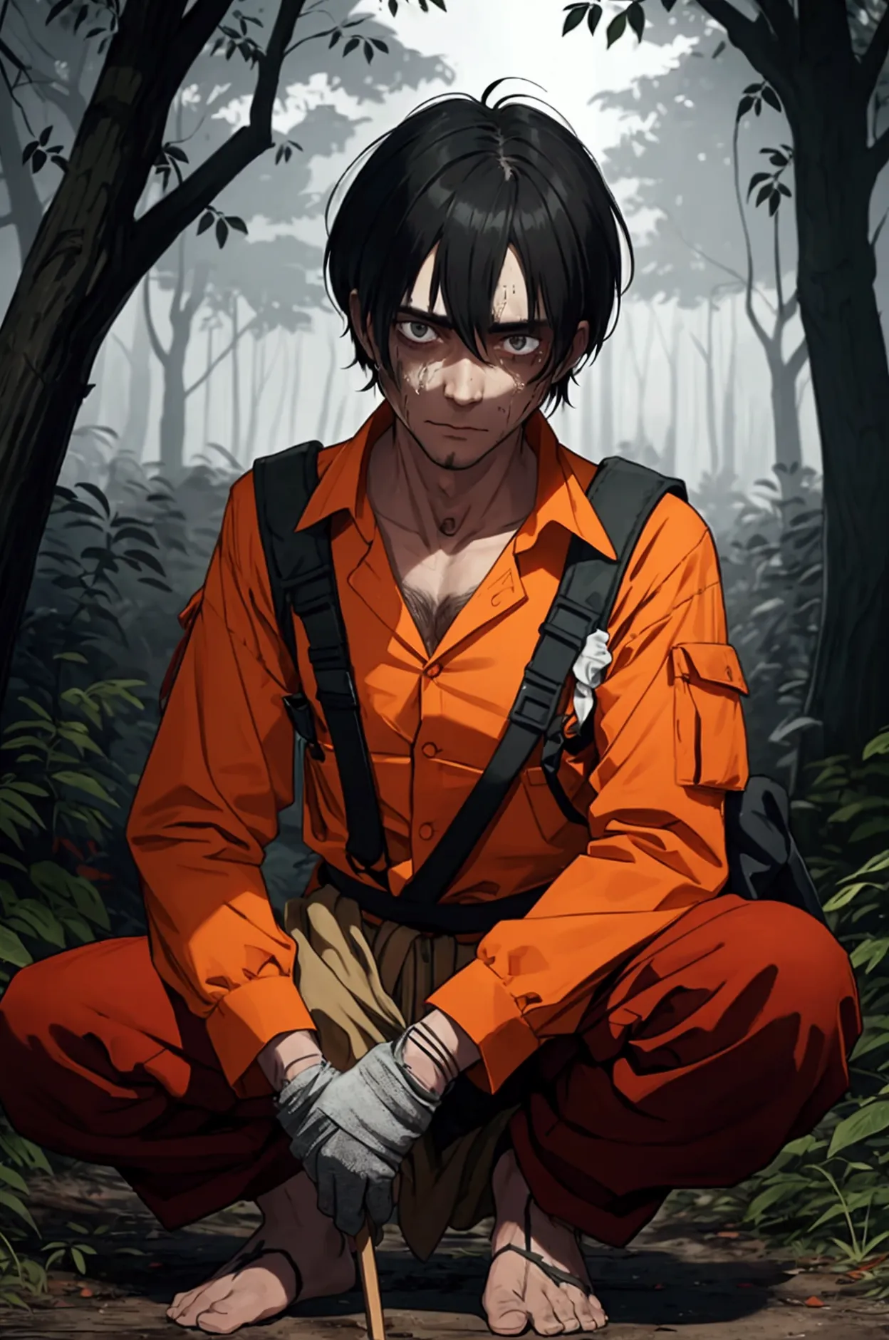 man dressed in orange prisoner uniform both shirt and pants, with an improvised wooden spear in his hands, some bandages on the hands rolled up like gloves, a cloth tied together like an improvised backpack, he is hidden behind a tree, a forest, and around some zombies hunting him, The man is dirty and has some tears in his clothes as if he had been surviving there for a few days..