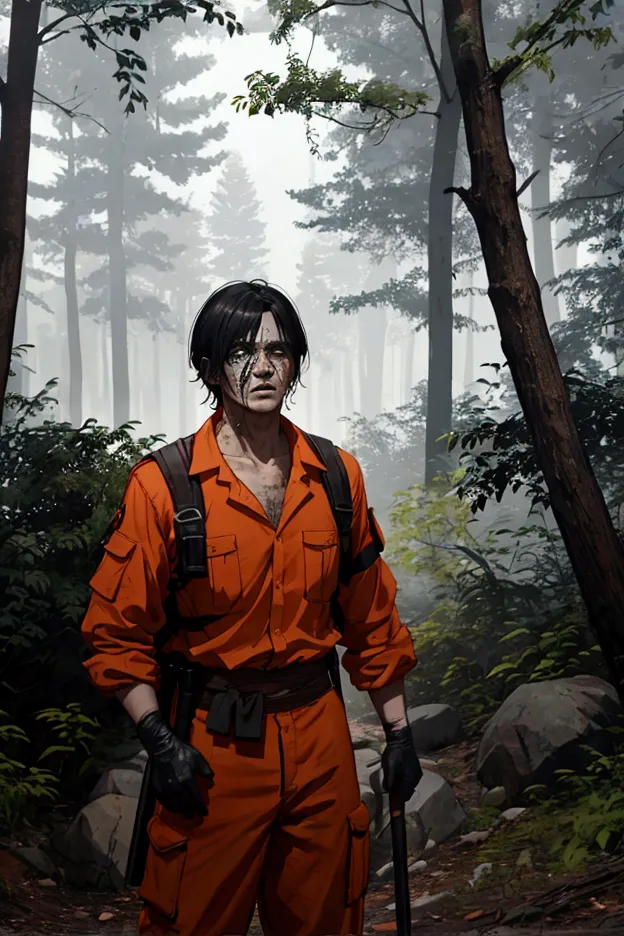 man dressed in orange prisoner uniform both shirt and pants, with an improvised wooden spear in his hands, some bandages on the hands rolled up like gloves, a cloth tied together like an improvised backpack, he is hidden behind a tree, a forest, and around some zombies hunting him, The man is dirty and has some tears in his clothes as if he had been surviving there for a few days..