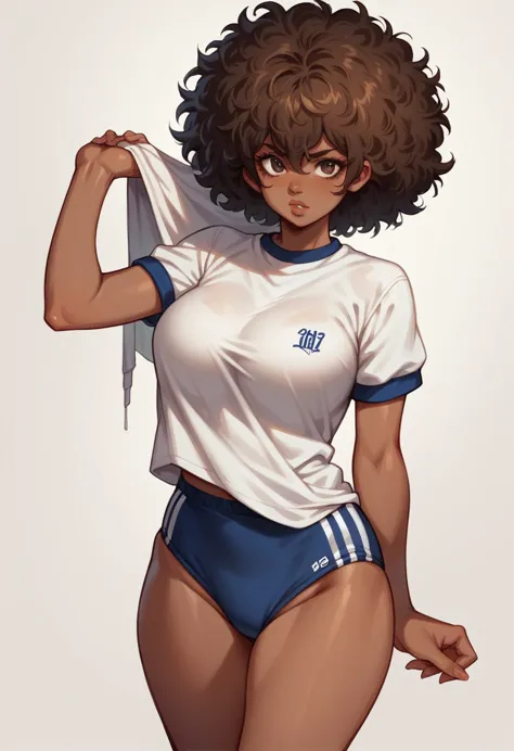 1 young girl, dark skin, ebony, breast, afro hair, messy hair, Brown hair, lips, curvy, anime style, White tshirt, japanese gym uniform, blue buruma,