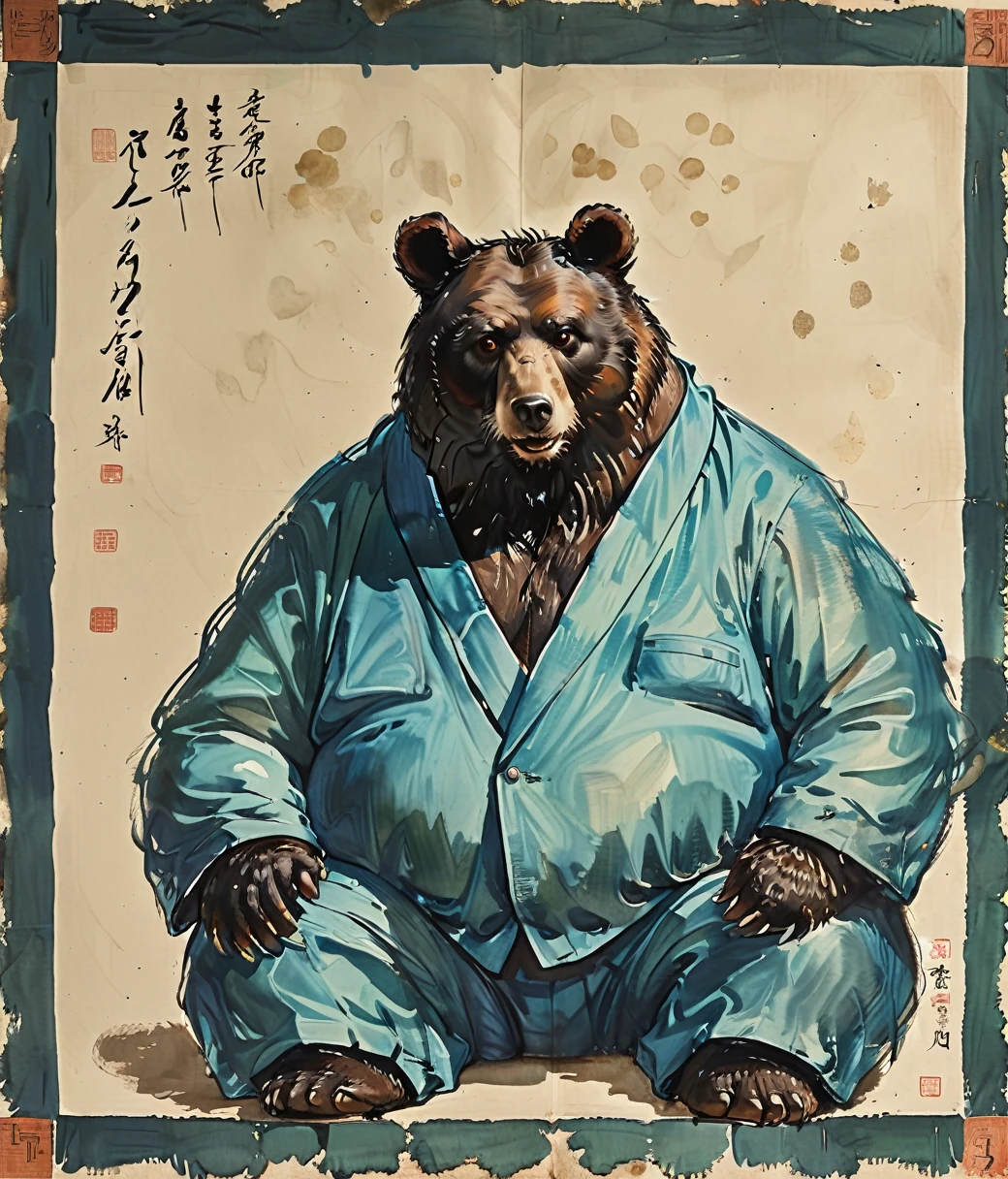 style of Qi Baishi, (cute, fat, obese, anthro, male, bear), solo, full body, ((cyan briefs)), dynamic pose, hires textures, highly detailed, intricate details, best quality, masterpiece