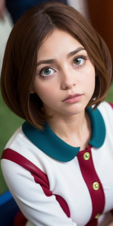 Best quality, face focus, soft light, ultra high resolution, (photorealistic:1.4), RAW photo, 1 girl, full body, Ochaco Uraraka, alone, cute, (female student, eye highlights, giant rounded green eyes), beautiful and detailed face, (big chest), (High resolution detail of human skin texture.), (short blue hair), indoor, red leather dress (portrait), beach background.