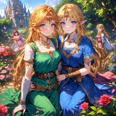 absurdres, highres, ultra detailed, hdr, master piece, zelda, blonde hair, expressive blue eyes, two woman together, pink dress,...