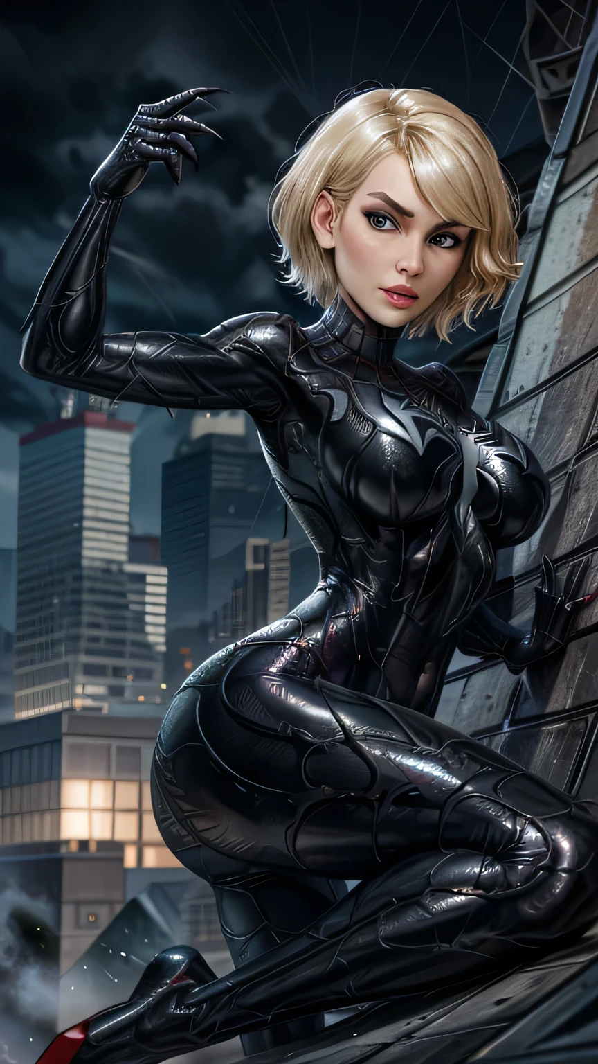 woman 60 year, Spider-Man Venom Black Suit, short blunt hair, blond, pretty face, Rain, roof, first work, cracked details, perfect anatomy, big breasts, milf,