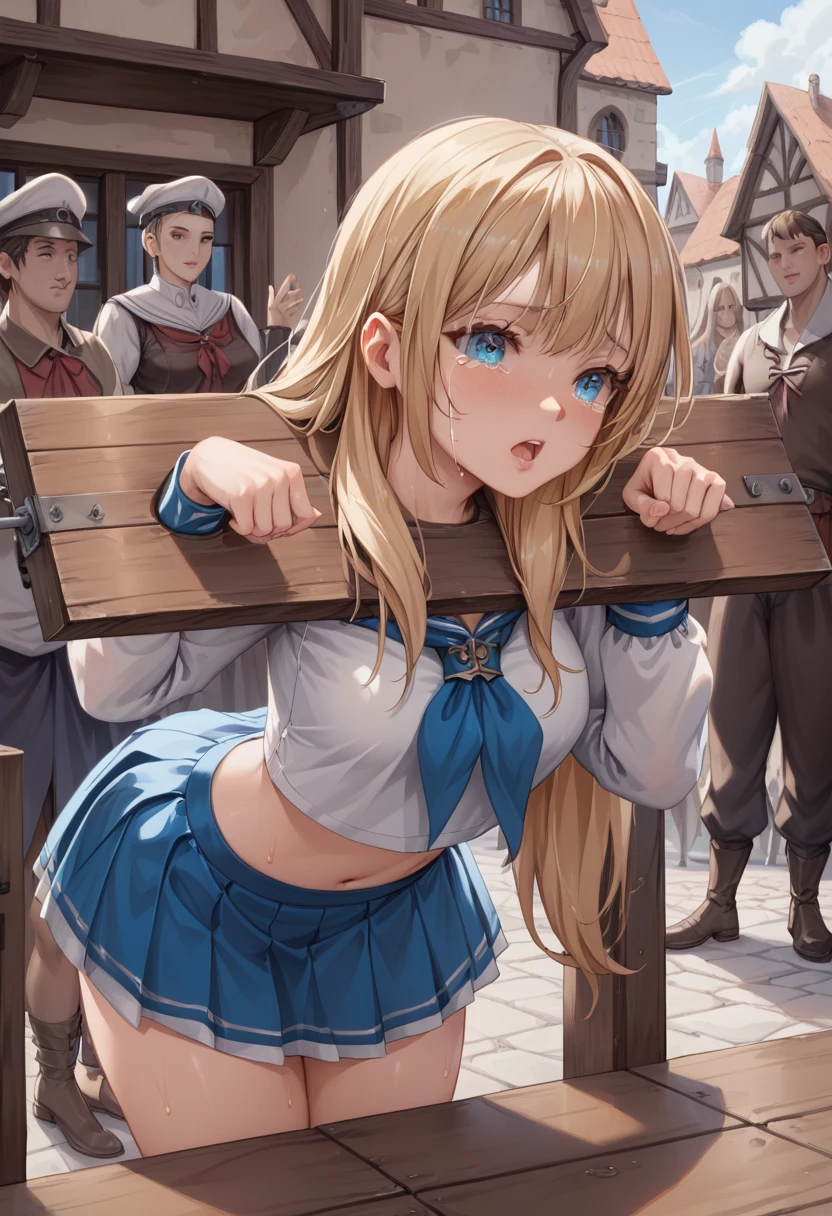 Beautiful long blonde　Girl in sailor suit　mini skirt　Pleated skirt　Long sleeve　((Teary-eyed))　despair　　((sweat))　jia　pillory　Leaning forward　Medieval city center　crowd　On the table