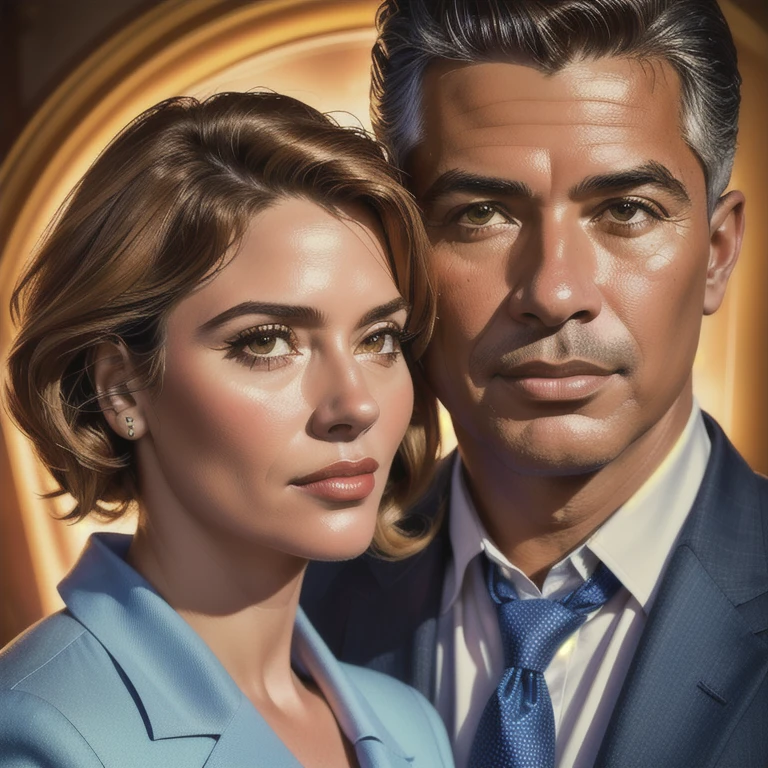 a man and woman in suits and ties, middle-aged couple, family portrait, hand-painted in 1960 style, couple portrait, jose miguel roman frances and magda torres gurza, damaged grainy vintage photo, classic couple portrait, ancestors, ronaldo luis nazario de lima, (best quality,4k,8k,highres,masterpiece:1.2),ultra-detailed,(realistic,photorealistic,photo-realistic:1.37),highly detailed portrait,intricate details,warm colors,dramatic lighting,cinematic composition,classic vintage style,soft focus,film grain effect