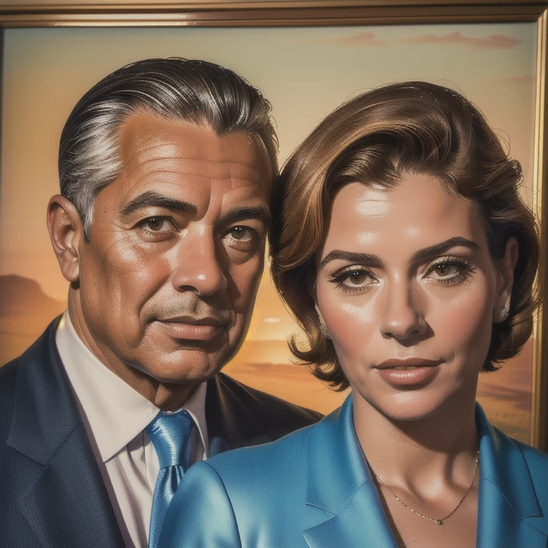 a man and woman in suits and ties, middle-aged couple, family portrait, hand-painted in 1960 style, couple portrait, jose miguel roman frances and magda torres gurza, damaged grainy vintage photo, classic couple portrait, ancestors, ronaldo luis nazario de lima, (best quality,4k,8k,highres,masterpiece:1.2),ultra-detailed,(realistic,photorealistic,photo-realistic:1.37),highly detailed portrait,intricate details,warm colors,dramatic lighting,cinematic composition,classic vintage style,soft focus,film grain effect