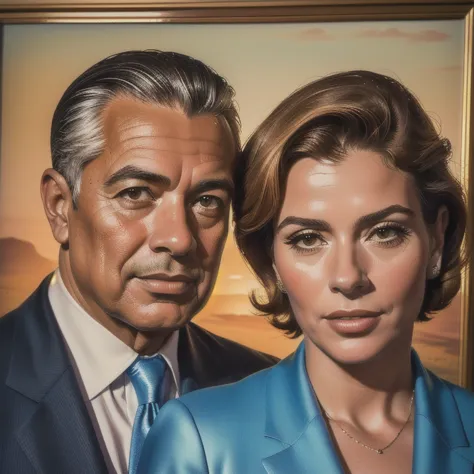 a man and woman in suits and ties, middle-aged couple, family portrait, hand-painted in 1960 style, couple portrait, jose miguel...