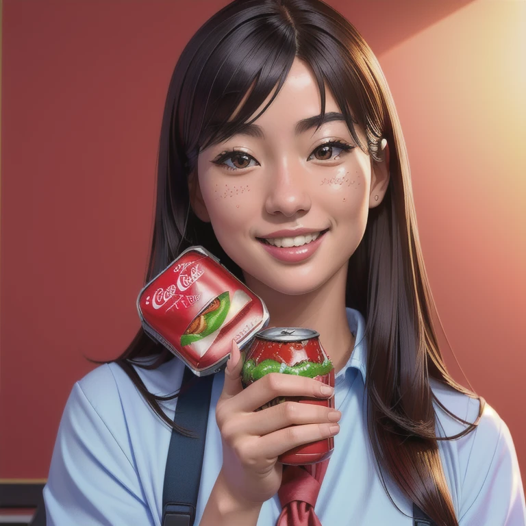 a smiling japanese schoolgirl holding a can of coca-cola in one hand and a juicy hamburger in the other, eager to eat, detailed facial features, beautiful glossy hair, school uniform, bright colors, soft lighting, photorealistic, highres, 8k, (best quality:1.2), (realistic:1.37), (detailed:1.4), vibrant colors, warm lighting