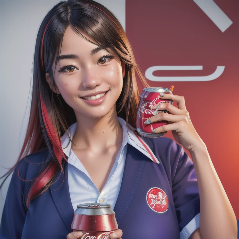 a smiling japanese schoolgirl holding a can of coca-cola in one hand and a juicy hamburger in the other, eager to eat, detailed facial features, beautiful glossy hair, school uniform, bright colors, soft lighting, photorealistic, highres, 8k, (best quality:1.2), (realistic:1.37), (detailed:1.4), vibrant colors, warm lighting