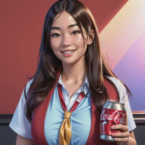 a smiling japanese schoolgirl holding a can of coca-cola in one hand and a juicy hamburger in the other, eager to eat, detailed ...