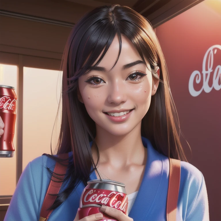 a smiling japanese schoolgirl holding a can of coca-cola in one hand and a juicy hamburger in the other, eager to eat, detailed facial features, beautiful glossy hair, school uniform, bright colors, soft lighting, photorealistic, highres, 8k, (best quality:1.2), (realistic:1.37), (detailed:1.4), vibrant colors, warm lighting