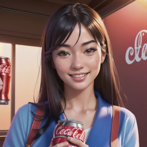 a smiling japanese schoolgirl holding a can of coca-cola in one hand and a juicy hamburger in the other, eager to eat, detailed ...