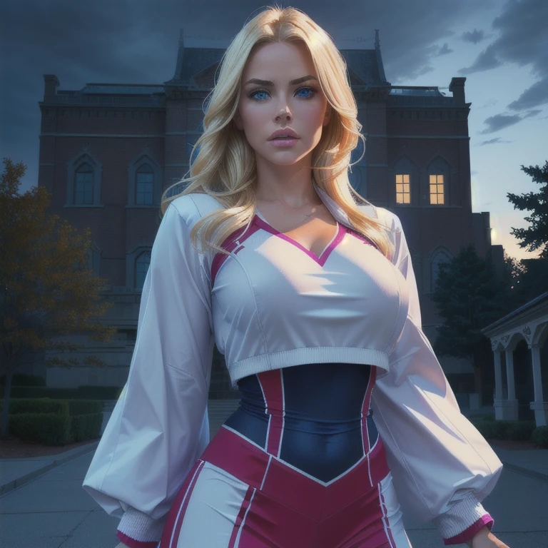 a beautiful woman with blonde hair, blue eyes, and pink lips, wearing a white cheerleader outfit, holding a wooden stake, standing in a night campus scene with buildings and trees in the background, highly detailed, (best quality,4k,8k,highres,masterpiece:1.2),ultra-detailed,(realistic,photorealistic,photo-realistic:1.37),detailed facial features, beautiful skin, intricate outfit details, dramatic lighting, moody atmosphere, blue hour, cinematic composition