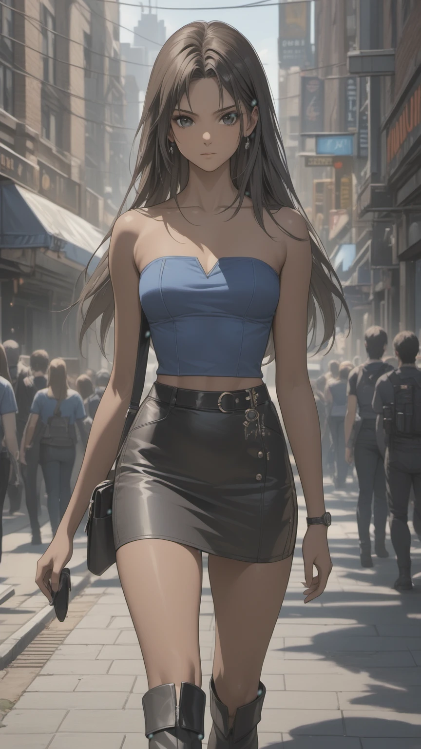 (((Adult woman)): (small black mini skirt, strapless blue top, Black eyes, showing the whole body, brown skin color, ((Black long hair)), High heel black boots. Closed mouth )); full body shot, walking in street, apocalipse city background. High quality. 4k, 8k, many details. Masterpiece, accurate, anatomically correct, posing, detailed background, better quality, original work Focus on details, Jill Valentine, zombies around