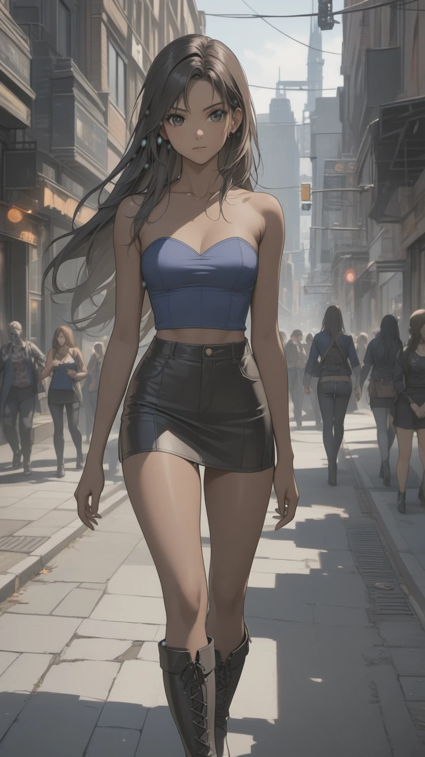 (((Adult woman)): (small black mini skirt, strapless blue top, Black eyes, showing the whole body, brown skin color, ((Black long hair)), High heel black boots. Closed mouth )); full body shot, walking in street, apocalipse city background. High quality. 4k, 8k, many details. Masterpiece, accurate, anatomically correct, posing, detailed background, better quality, original work Focus on details, Jill Valentine, zombies around