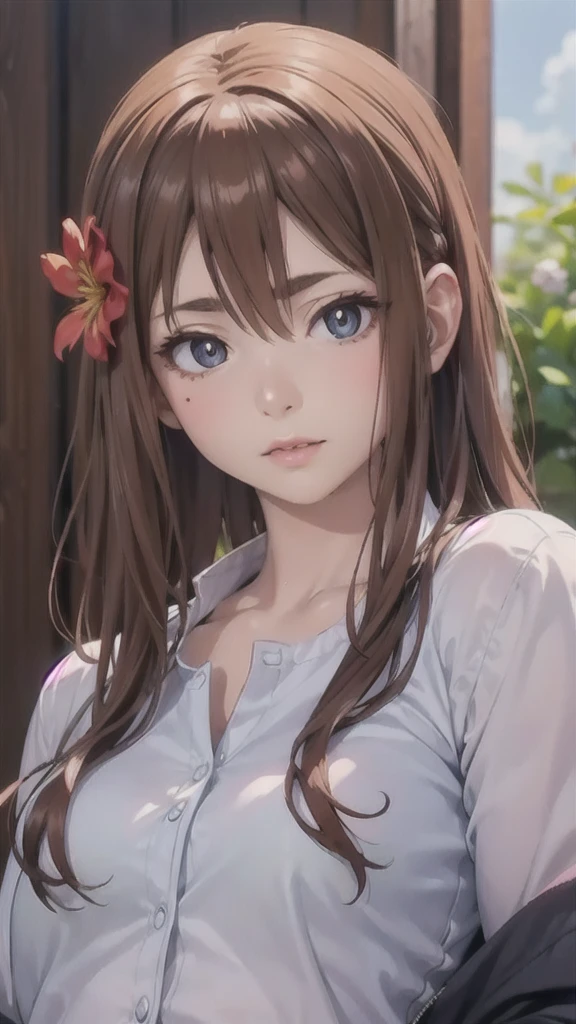 Anime Girl, Realistic shadows, Detailed Skin, Very small breasts, Black Hair, Very detailed, 8k highly detailed face, perfect face shape, Full, perfect lips, Perfect nose, Correction of beautiful eyes, Watch the audience, White shirt with flowers, masterpiece, Best Quality Single Girls, Very good, No underwear, Solitary