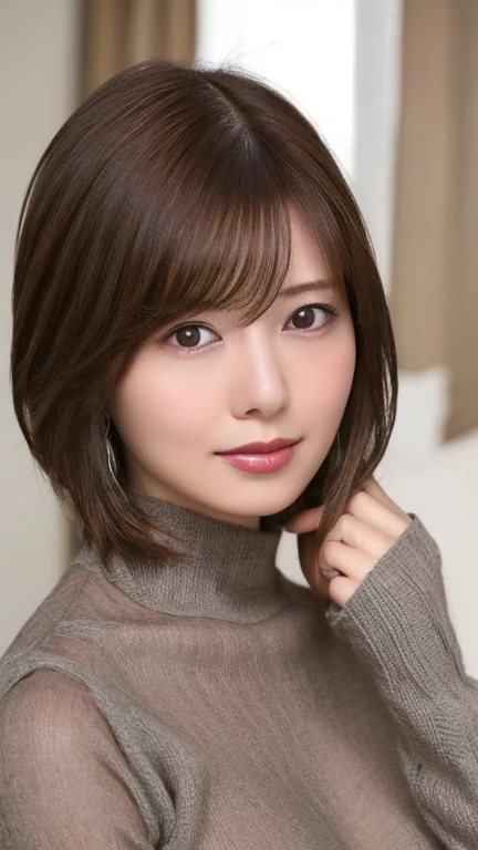 (Best Quality,8k,masterpiece),Mature Japanese Woman,sexy,Age 35,Gray brown short hair,(Big Breasts),Grey turtleneck