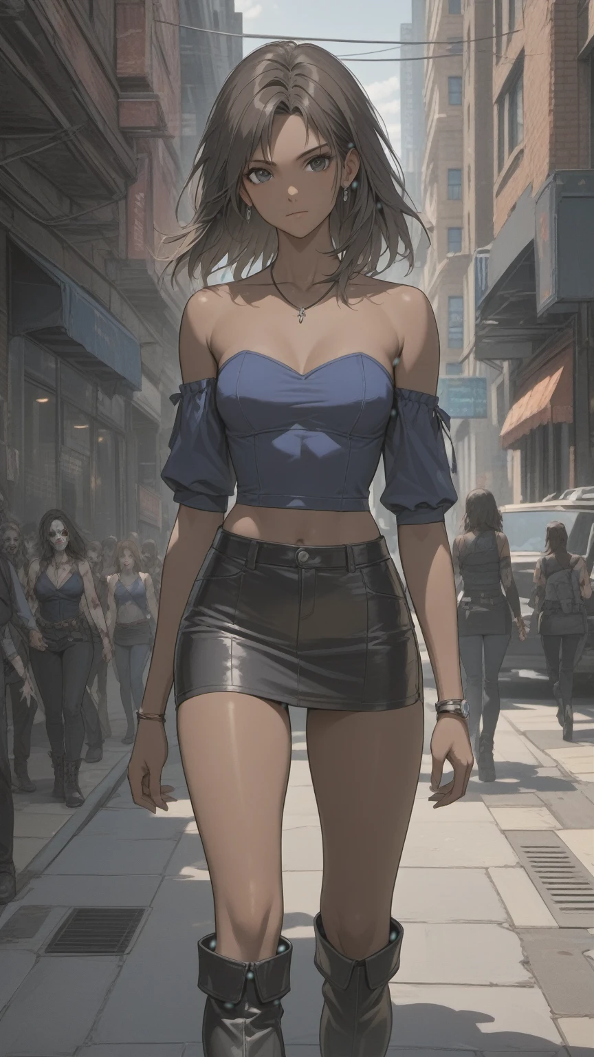 (((Adult woman)): (small black mini skirt, strapless blue top, Black eyes, showing the whole body, brown skin color, ((Black wavyhair)), High heel black boots. Closed mouth )); full body shot, walking in street, apocalipse city background. High quality. 4k, 8k, many details. Masterpiece, accurate, anatomically correct, posing, detailed background, better quality, original work Focus on details, Jill Valentine, zombies around, Front view