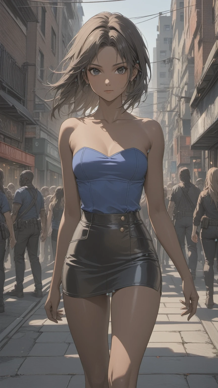 (((Adult woman)): (small black mini skirt, strapless blue top, Black eyes, showing the whole body, brown skin color, ((Black wavyhair)), High heel black boots. Closed mouth )); full body shot, walking in street, apocalipse city background. High quality. 4k, 8k, many details. Masterpiece, accurate, anatomically correct, posing, detailed background, better quality, original work Focus on details, Jill Valentine, zombies around, Front view