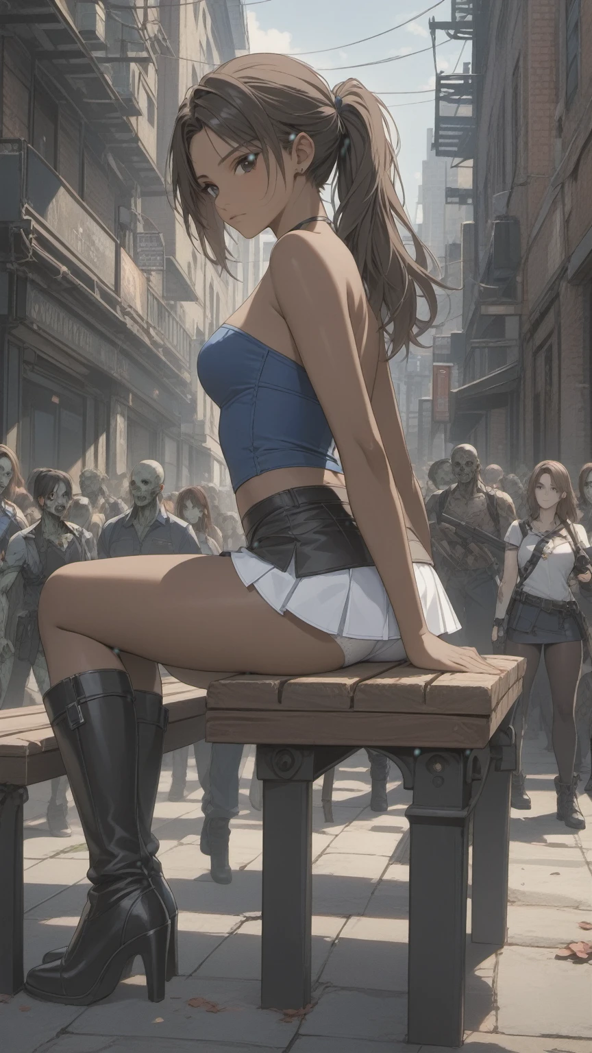 (((Adult woman)): (small black mini skirt, strapless blue top, white panties, Black eyes, showing the whole body, brown skin color, ((Black wavyhair)), High heel black boots. Closed mouth )); full body shot, sitting on a bench, apocalipse city background. High quality. 4k, 8k, many details. Masterpiece, accurate, anatomically correct, posing, detailed background, better quality, original work Focus on details, Jill Valentine, zombies around, back view