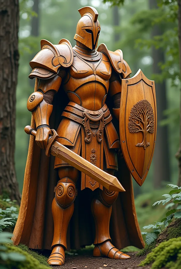 A towering paladin warrior stands proudly, entirely constructed from intricately detailed wood, showcasing the beauty and strength of nature. His helmet, shaped from a single piece of polished timber, boasts a classic Templar design, featuring a prominent crest and intricate carvings that depict ancient symbols, with small openings for his piercing eyes that shine with courage.

His torso is a solid mass of wooden planks, expertly fitted together, revealing visible knots, grains, and textures that reflect the natural character of the wood. Each section of his chest, back, and abdomen is sculpted with care, ensuring a powerful and imposing presence while retaining the organic essence of the material.

His arms are sturdy wooden appendages, resembling robust branches, adorned with swirling patterns carved into the surface. The hands are fully formed from wood, with articulated fingers that allow for precise grip, perfectly designed to wield his weapons. In his right hand, he wields a broad sword made entirely of polished wood, its blade finely honed and engraved with intricate designs that capture the light beautifully.

In his left hand, he holds a large, imposing shield, crafted from thick wood, featuring an emblem of a mighty oak tree at its center, surrounded by carvings of leaves and vines that symbolize growth and protection. The shield's surface is glossy, showcasing the rich, warm tones of the wood.

His legs are powerful wooden limbs, seamlessly integrated into his body, resembling sturdy tree trunks, tapering down to sculpted wooden boots that provide stability and support. The entire paladin exudes a natural aura, with each part of his being embodying the essence of the forest.

Standing tall in a lush woodland, the Wooden Paladin is a formidable figure, radiating strength and valor, ready to defend the realm with unwavering dedication, as the gentle rustle of leaves accompanies his every movement.