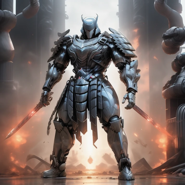 masterpiece, best quality, full body, 1boy, armor suit, upper body, looking at viewer, (Silver Samurai, full armor, cyborg, science fiction, combat helmet) full body,