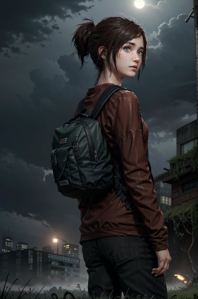 EEllie, 1girl, solo, realistic, brown hair, freckles, blue eyes, red shirt,  layered sleeves, ponytail, masterpiece, best quality, cinematic lighting, looking at viewer, from behind, night, rain, clouds, (skycrapper:1.2), new york, dark buildings, city, overgrown, moss, grass, interstate, backpack,