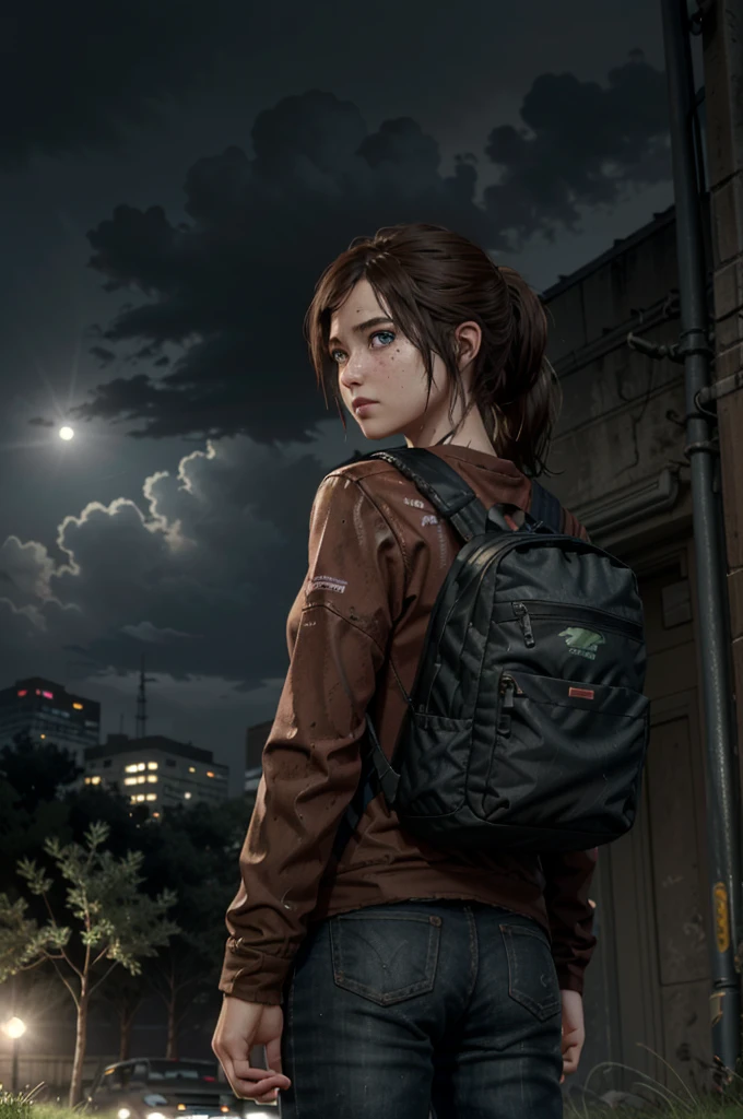 EEllie, 1girl, solo, realistic, brown hair, freckles, blue eyes, red shirt,  layered sleeves, ponytail, masterpiece, best quality, cinematic lighting, looking at viewer, from behind, night, rain, clouds, (skycrapper:1.2), new york, dark buildings, city, overgrown, moss, grass, interstate, backpack,