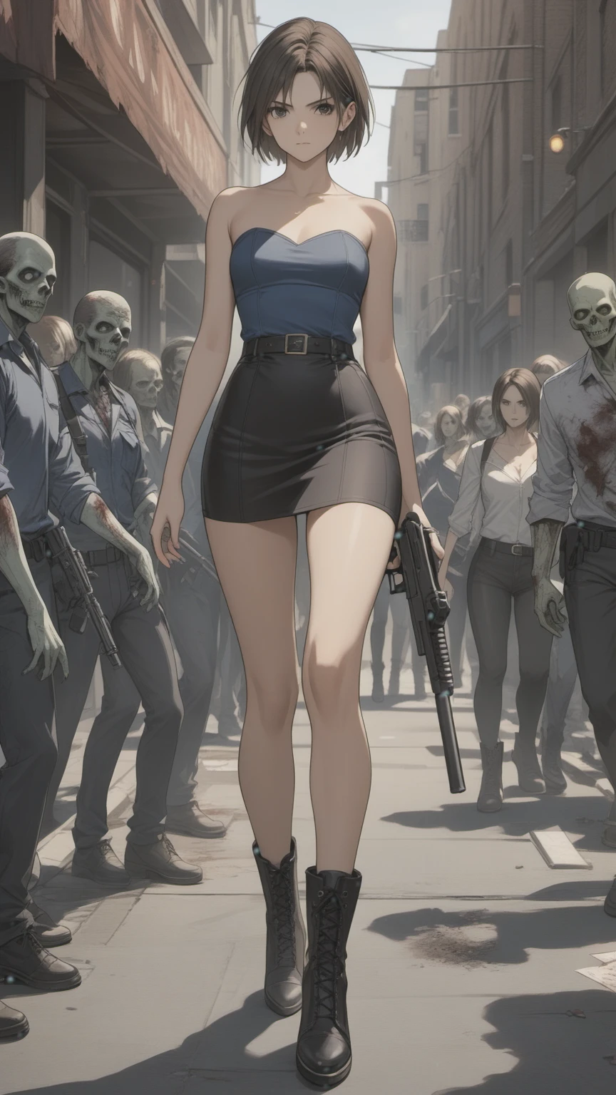 (((Adult woman)): (small black skirt, strapless blue top, Black eyes, showing the whole body, brown skin color, ((Black short hair)), High heel Beige boots. Closed mouth)); full body shot, Runing in street, apocalipse background. High quality. 4k, 8k, many details. Masterpiece, accurate, anatomically correct, posing, detailed background, better quality, original work Focus on details, Jill Valentine, zombies around, Front view, nightmare, gun, Nemesis at side