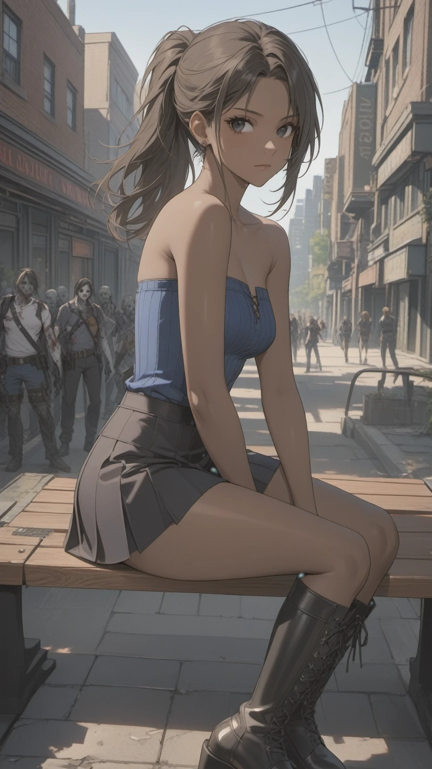 (((Adult woman)): (small black mini skirt, strapless blue top, white panties, Black eyes, showing the whole body, brown skin color, ((Black wavyhair)), High heel Brown boots. Closed mouth )); full body shot, sitting on a bench, apocalipse city background. High quality. 4k, 8k, many details. Masterpiece, accurate, anatomically correct, posing, detailed background, better quality, original work Focus on details, Jill Valentine, zombies around, Front view