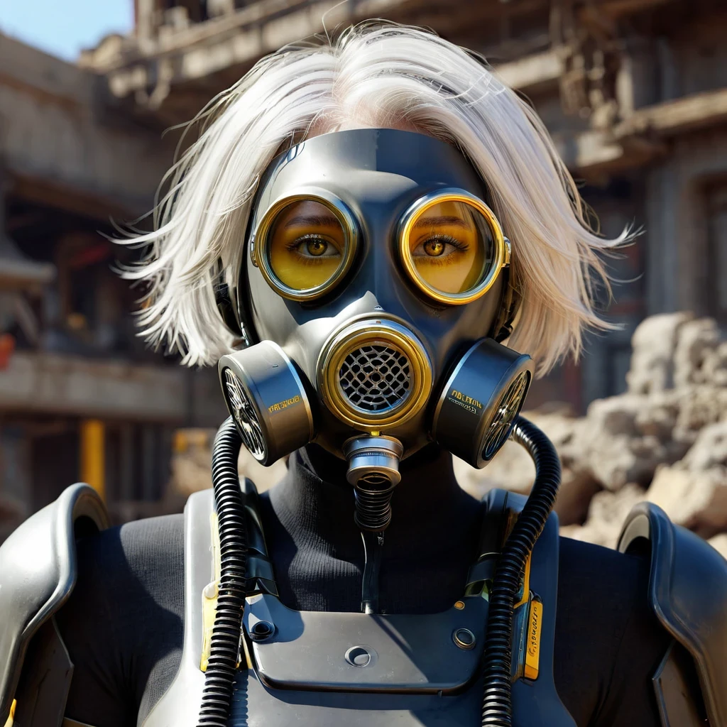 (masterpiece:1.2,high quality), 1girl, ((ultra realistic details)), global illumination, shadows, Unreal Engine, octane render, 8k, ultra sharp, metal, intricate, ornaments detailed, highly intricate details, yellow eyes, (mechanical body:1.2), white hair, (black gas mask), Gear, bob cut, hundreds of wires, Terran, (Robot, android:1.15), Apocalypse, broken buildings