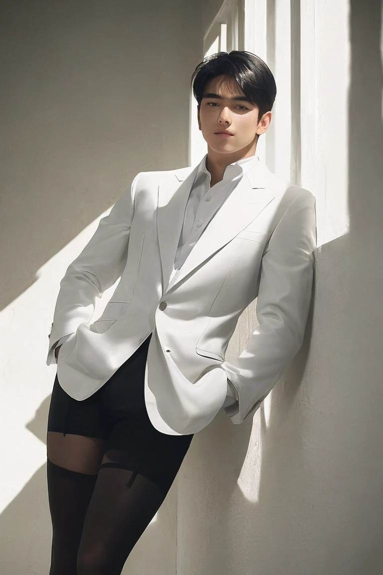 Handsome man portrait, Shot with Leica, shadow play, Gorgeous lighting, Soft tones, indoor，Wearing a white shirt，Black suit，Looking at the audience，deep feeling，Black stockings