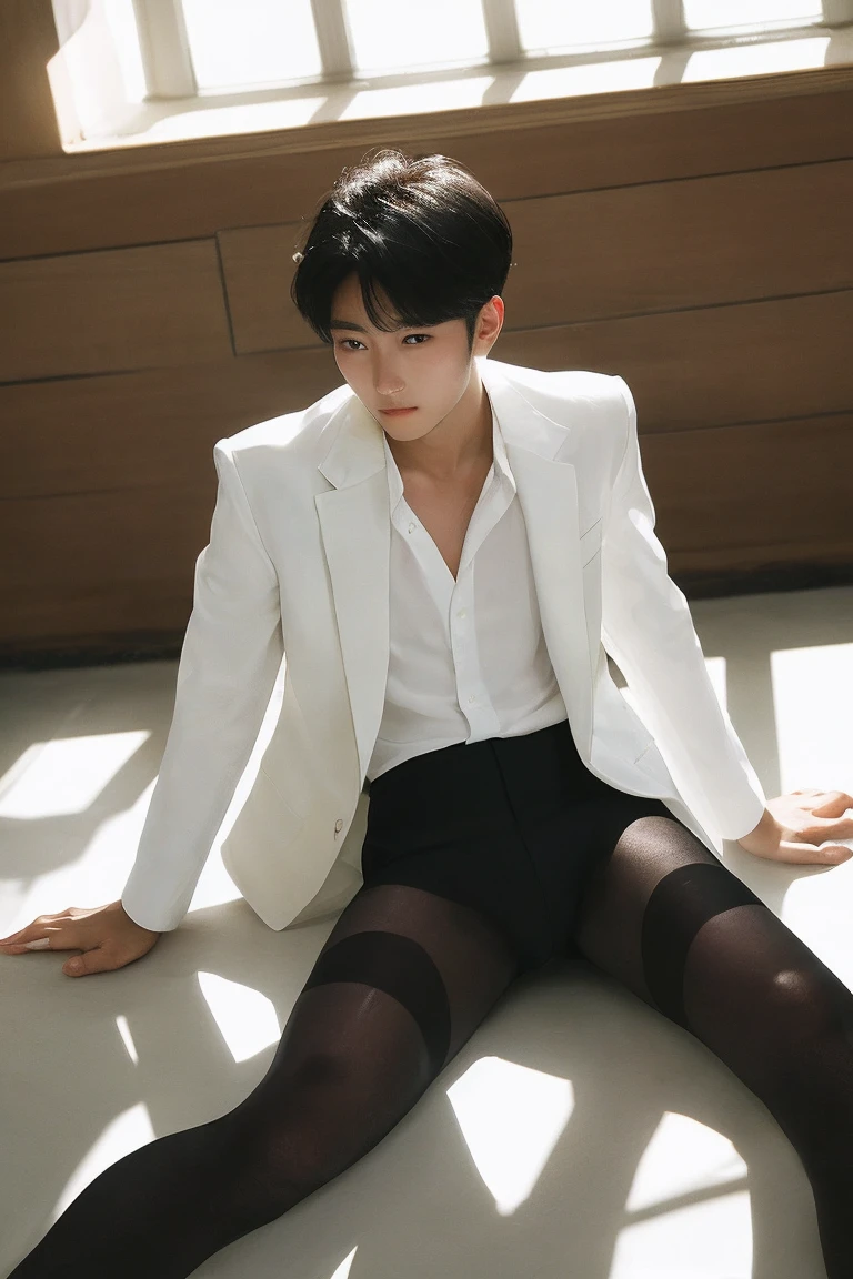 Handsome man portrait, Shot with Leica, shadow play, Gorgeous lighting, Soft tones, indoor，Wearing a white shirt，Black suit，Looking at the audience，deep feeling，Black stockings