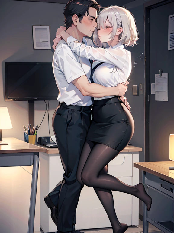 (One girl, One middle-aged man), pantyhose, pantyhose, White shirt, Pencil Skirt, blush, French kiss,, hug, Sensual body, close your eyes, office, Very detailed, High resolution, 4K, masterpiece, High resolution