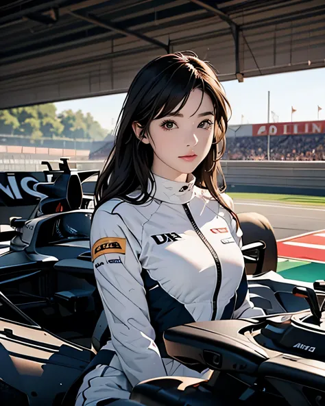 dynamic angle,strong wind
,having a meeting with a mechanical designer next to an f1 car、anime style, super fine illustration, h...