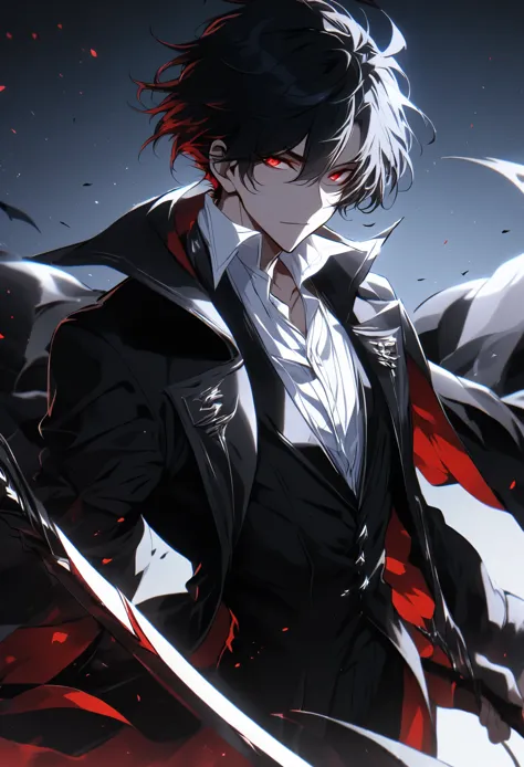 solo, handsome, 1 male, short hair, black hair, red eyes, white shirt, black coat, scythe