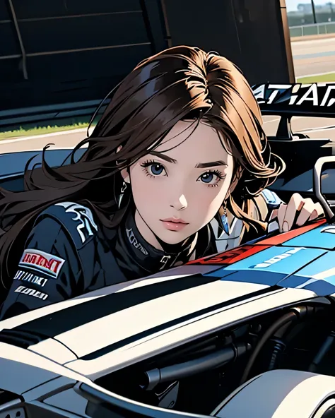 dynamic angle,strong wind
,having a meeting with a mechanical designer next to an f1 car、anime style, super fine illustration, h...