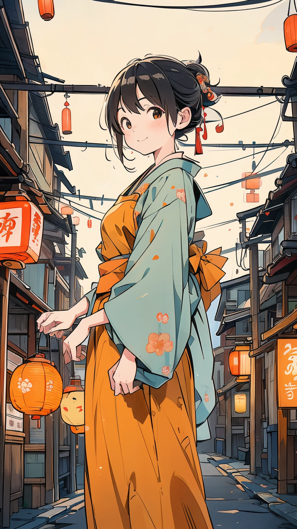 「With a traditional Japanese food stall street in the background、Lanterns lit up in the night sky。A woman wearing kimono-style clothing、Wearing a yellow apron、Smiling while holding an orange cat。In the background is a red sign and a row of wooden buildings.、It has a nostalgic atmosphere。」