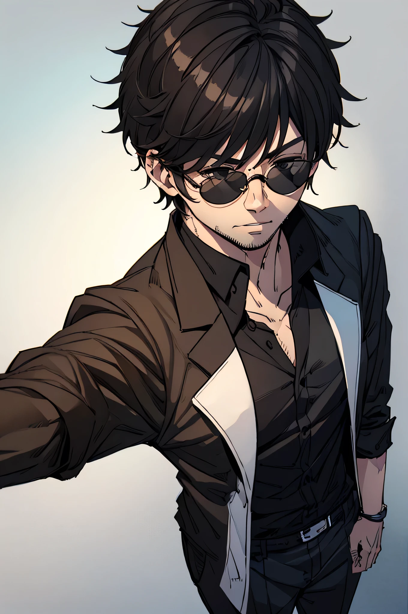 a man, with sunglasses, short black hair, looking at me, Serious look