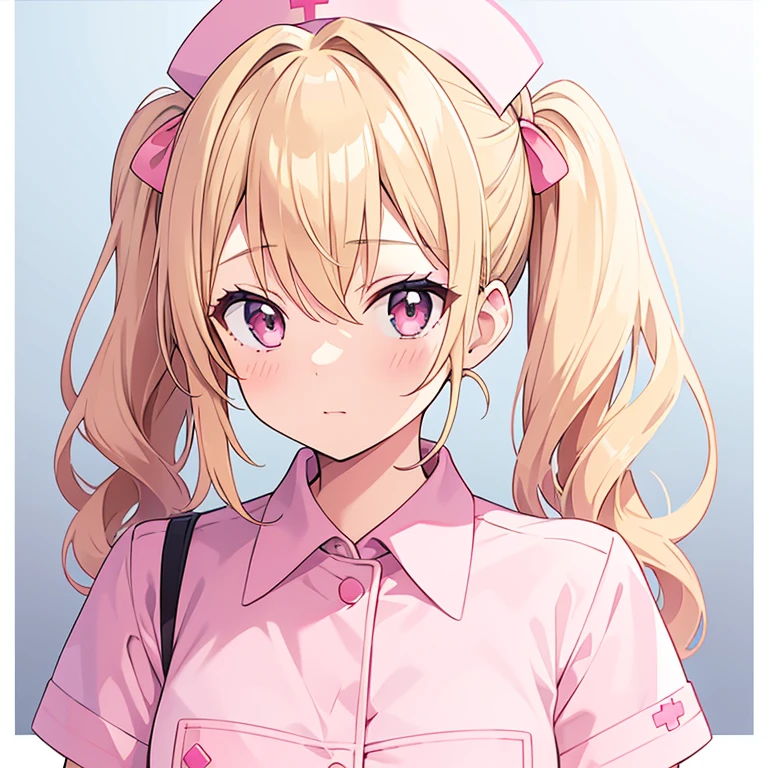 masterpiece of the highest quality, 1 girl, Detailed beautiful face, ((Pink Nurse)), Lean forward and take off your blouse, Classify your hair, Wavy Hair, Twin tails, Blonde Hair, In a nurse&#39;s uniform、Some buttons are missing, smile, (Small breasts), (Flat Chest), sweat, smile, Multiple Views