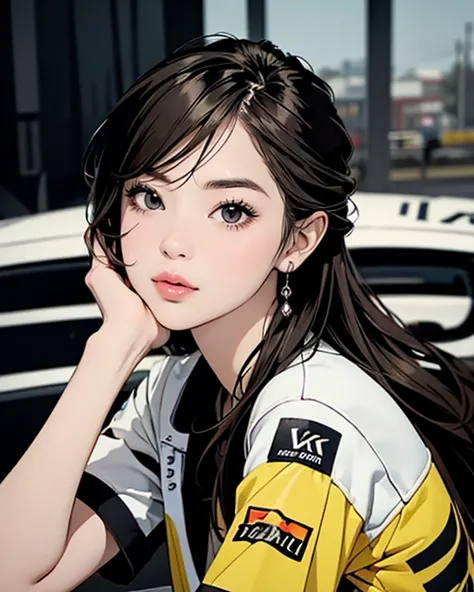 create an rpg-style scene where a beautiful young brown-eyed japanese young woman is having a photoshoot while riding a f1 racin...