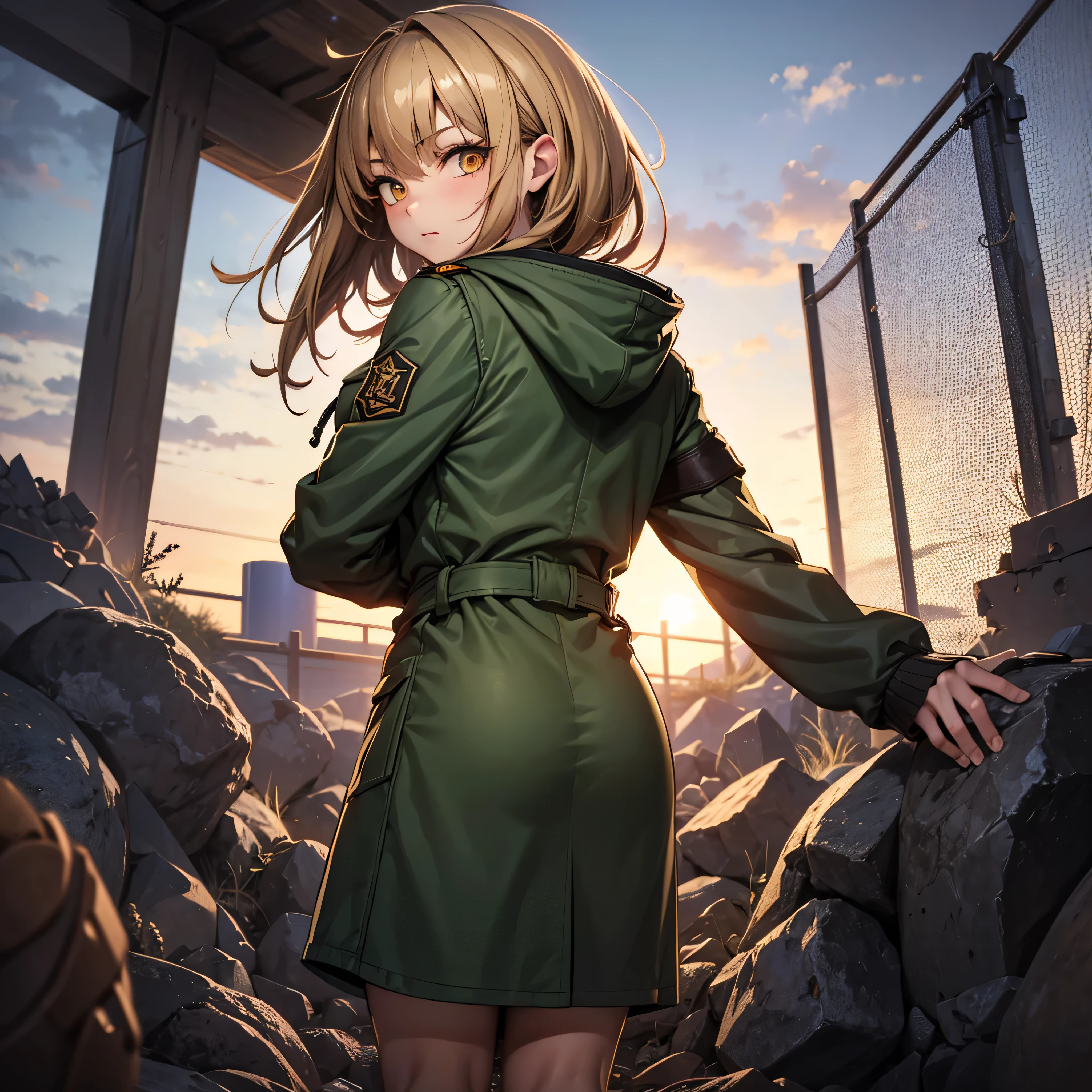 landscape, military, dug-in, funk hole., entrenchment, trench, (barbed-wired fencing:1.2), BREAK. 1 skinny girl standing, light brown short hair, swaying back, BREAK, (dark green long coat with hood pulled over her head:1.2), tight-fit khaki military uniform, carrying long rifle, BREAK, glowing golden eyes, bouncing large breasts